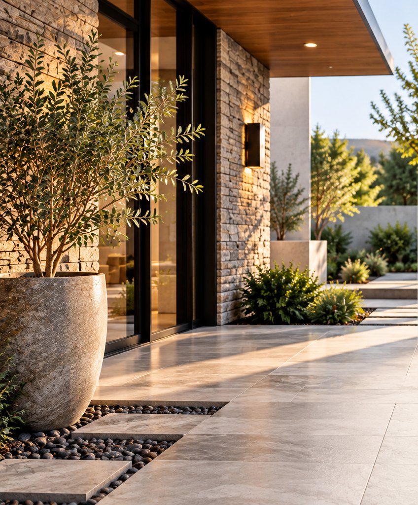 Stone-clad home entry with limestone pavers and potted olive tree