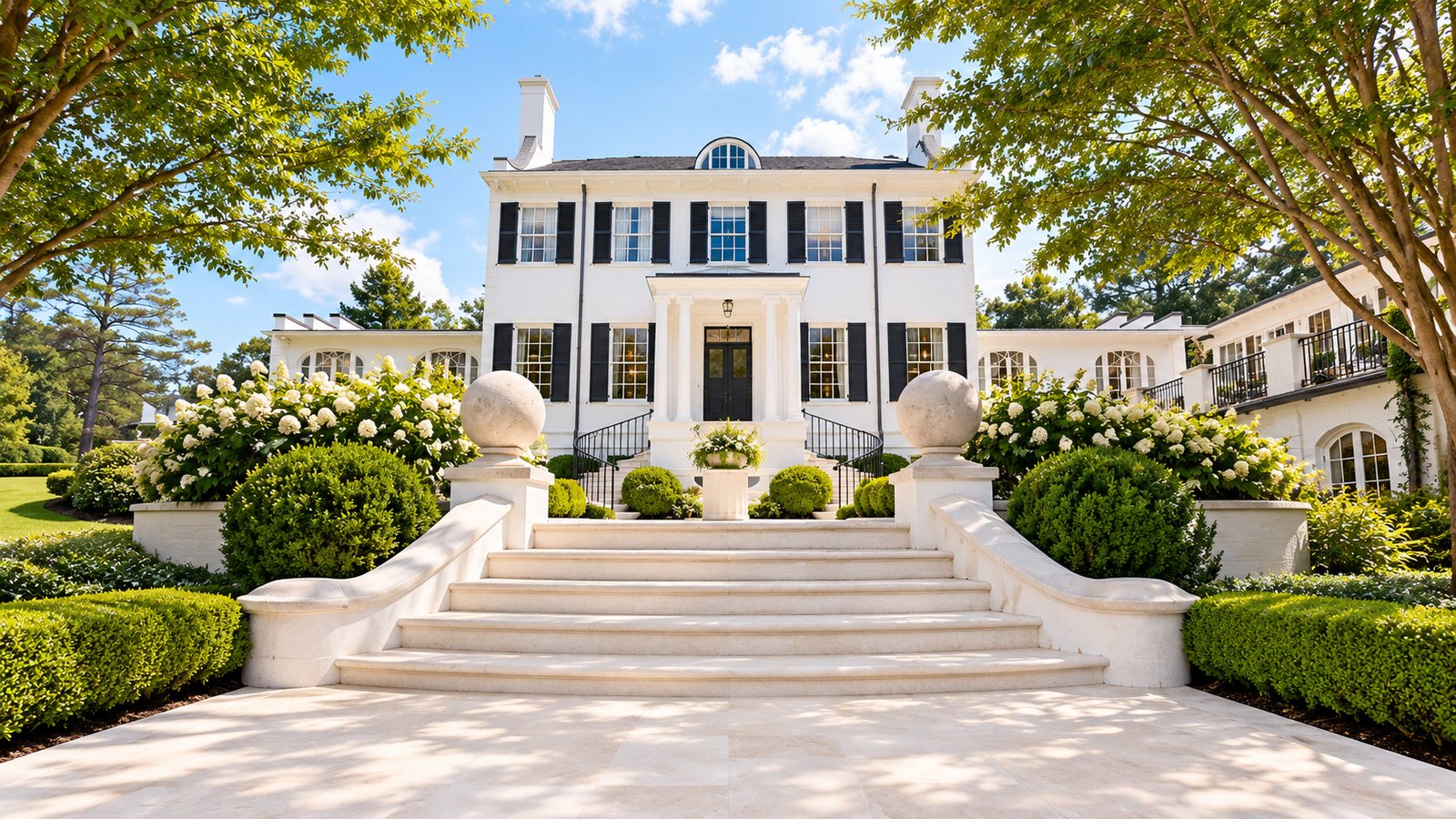 Sweeping limestone steps, balustrade walls and carved stone spheres frame a classic colonial façade.