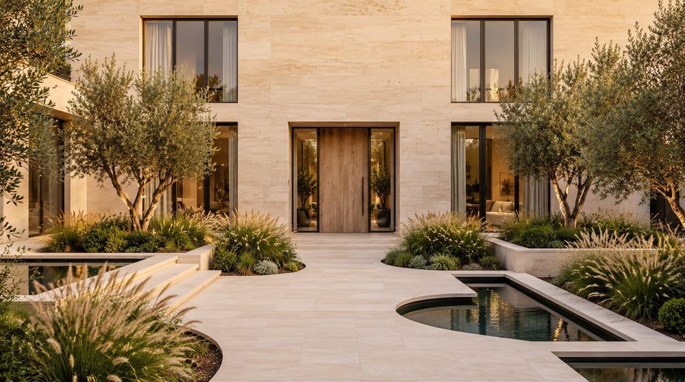 Travertine-clad modern home entry with olive trees, a stone walkway and reflecting pools