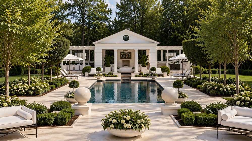 Classical pool pavilion with limestone terrace, stone spheres and formal gardens