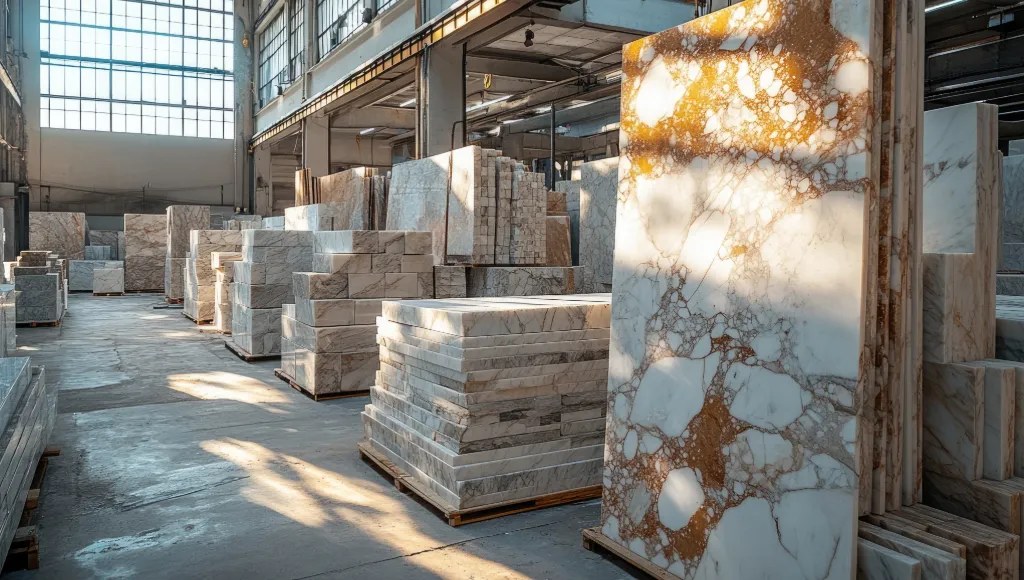 Marble slabs and stacked stone tiles in the Stone Decor Atlanta showroom