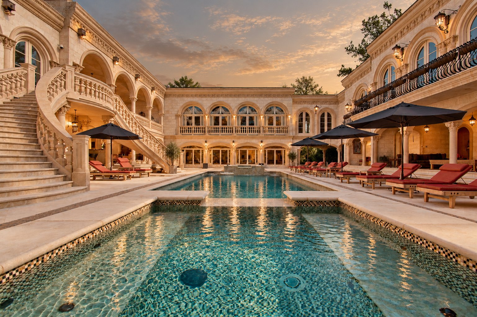 Limestone courtyard and mosaic-tiled pool at dusk, framed by carved stone arches and a sweeping staircase